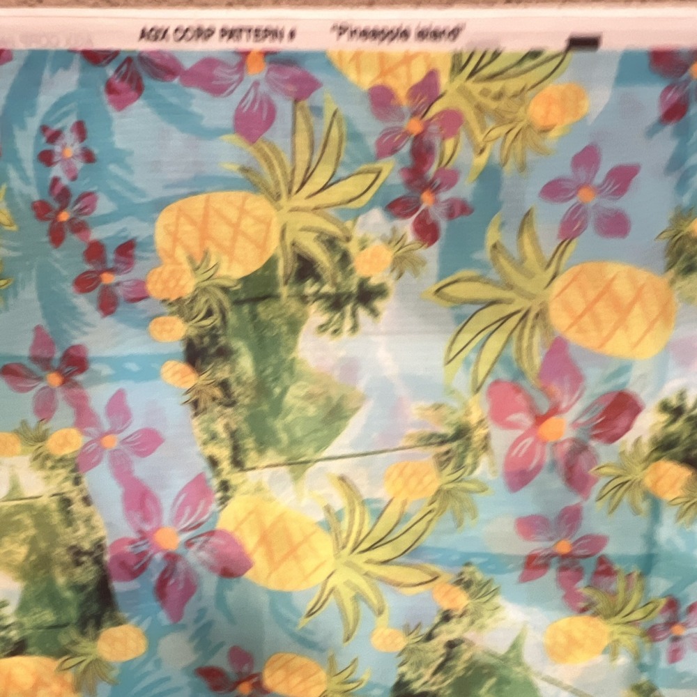 AGX Corp "Pineapple Island" Tropical Floral Fabric Sheer Slick Deadstock 3.4 Yds